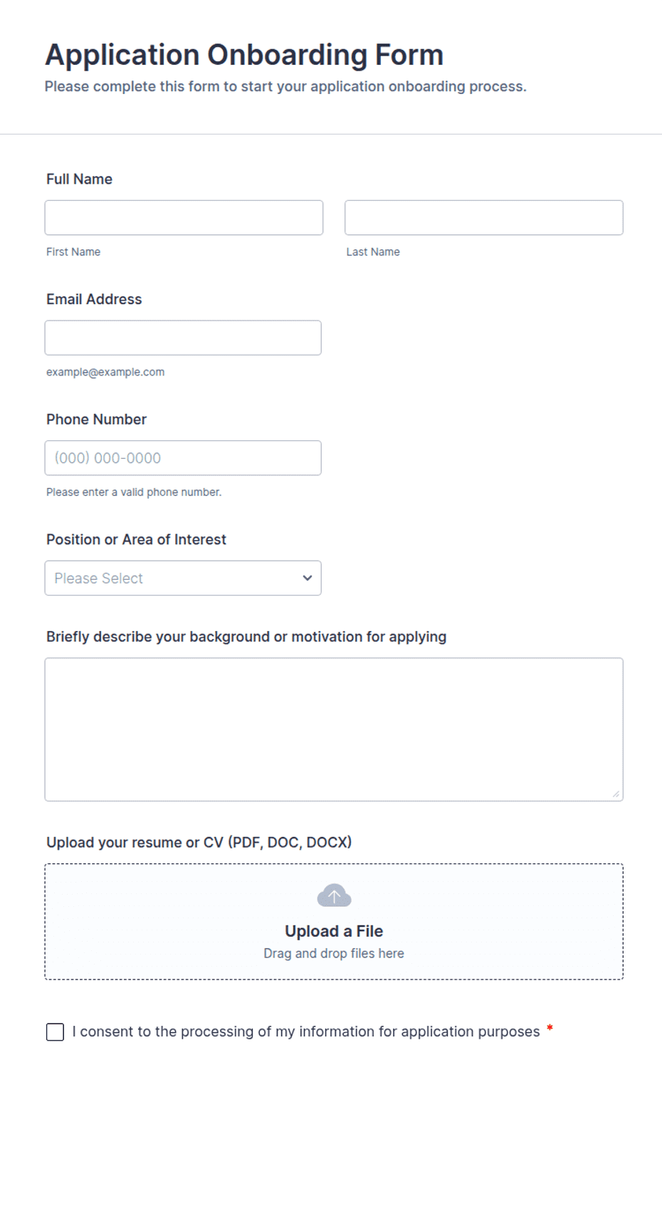 Springboard Application Form Application Onboarding Form Template | Jotform