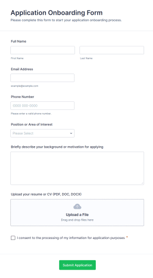 Application Onboarding Form Form Template