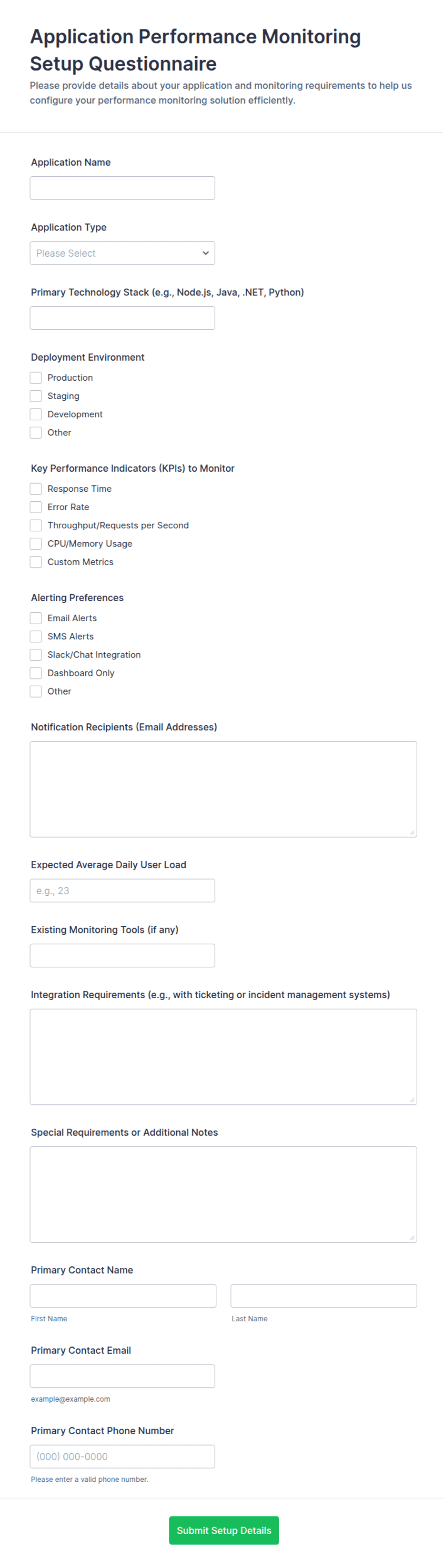 Iphone Performance Questionnaire Application Performance Monitoring Setup Questionnaire Form Template ...