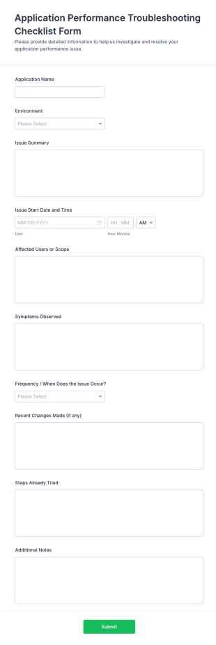 Application Performance Troubleshooting Checklist Form Template