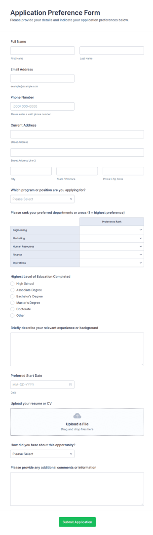 Application Preference Form Template