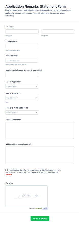 Application Remarks Statement Form Template