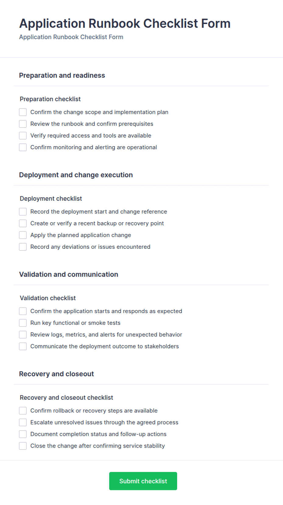 Application Runbook Checklist Form Template | Jotform