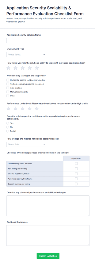 Application Security Scalability & Performance Evaluation Checklist Form Template