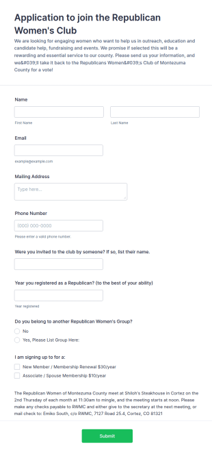 Republican Women's Club Application Form Template