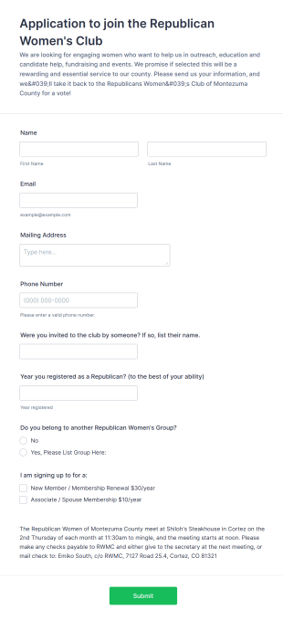 Republican Women's Club Application Form Template