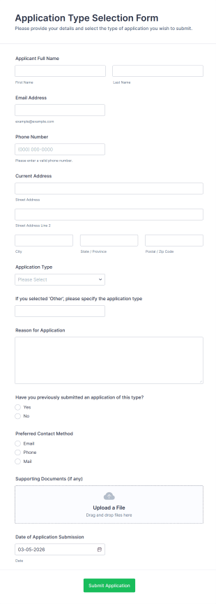 Application Type Selection Form Template