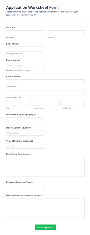 Application Worksheet Form Template