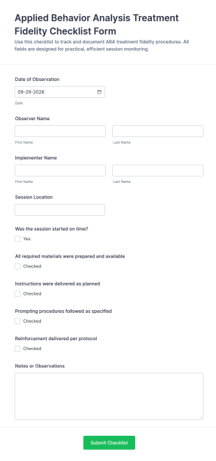 Applied Behavior Analysis Treatment Fidelity Checklist Form Template