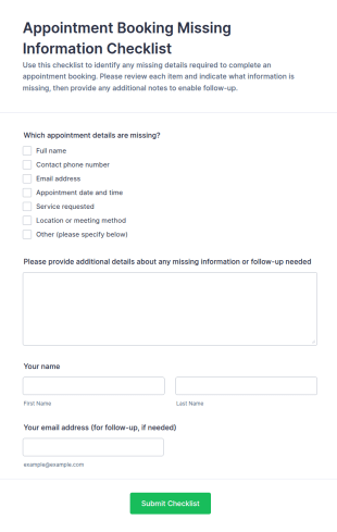 Appointment Booking Missing Information Checklist Form Template