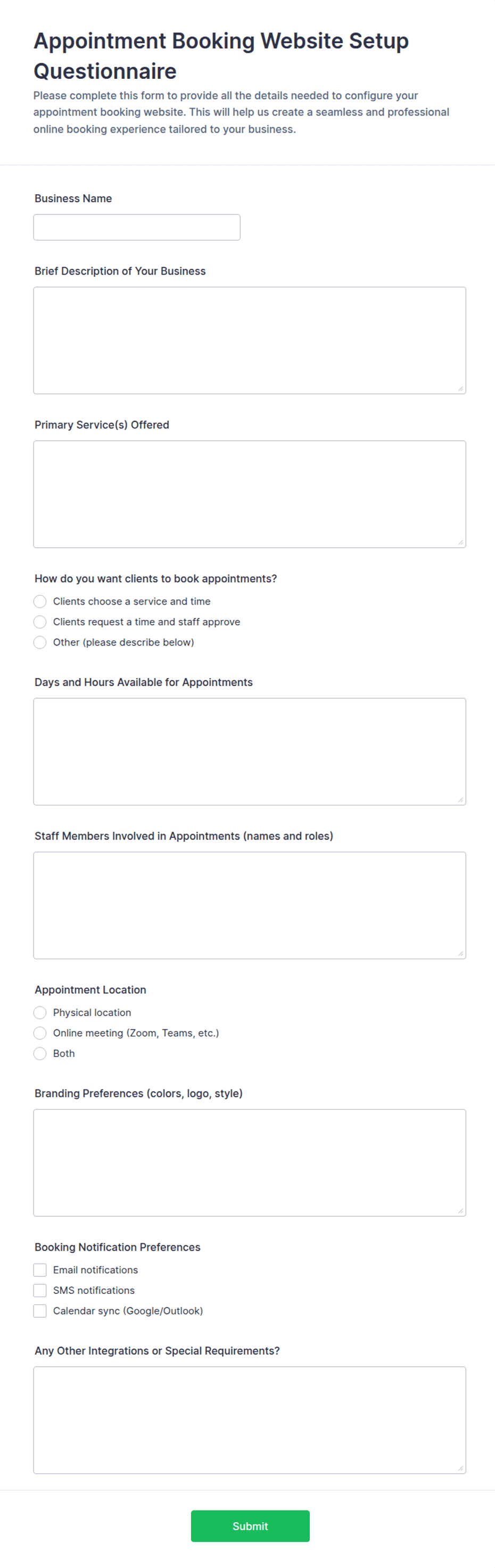 Appointment Booking Website Setup Questionnaire Form Template | Jotform