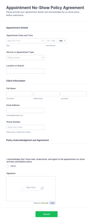 Appointment No Show Policy Agreement Form Template