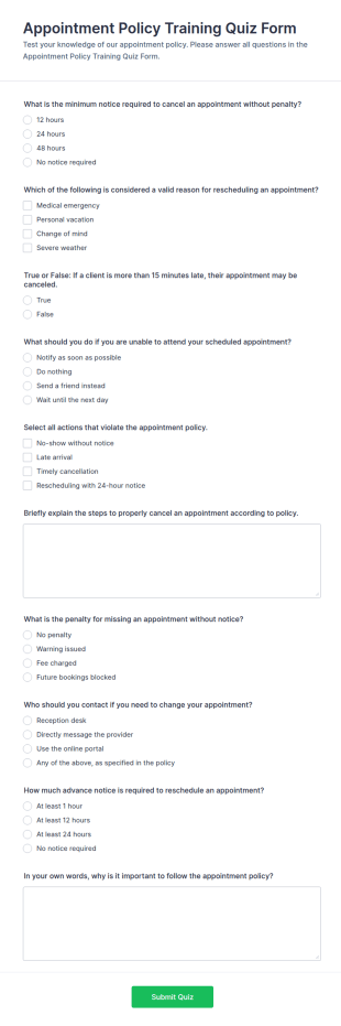 Appointment Policy Training Quiz Form Template