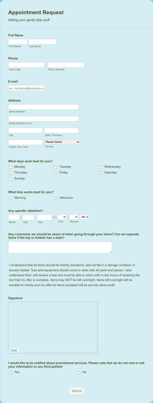 Appointment Request Form Once Upon A Child Form Template