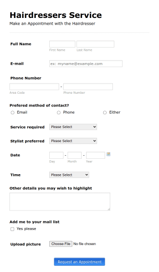 Appointment Request Hairdressers Form Template