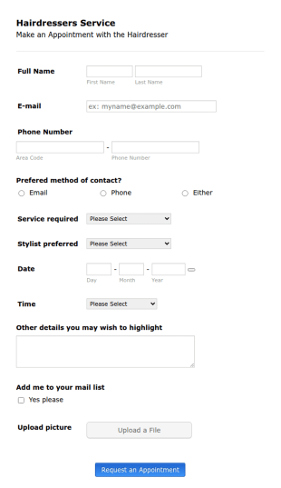 Appointment Request Hairdressers Form Template