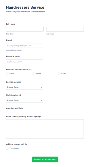 Hairdressers Appointment Request Form Template