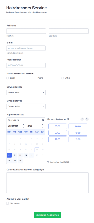 Hairdressers Appointment Request Form Template