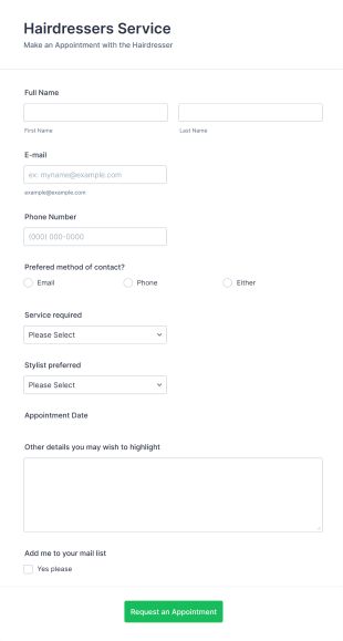 Hairdressers Appointment Request Form Template