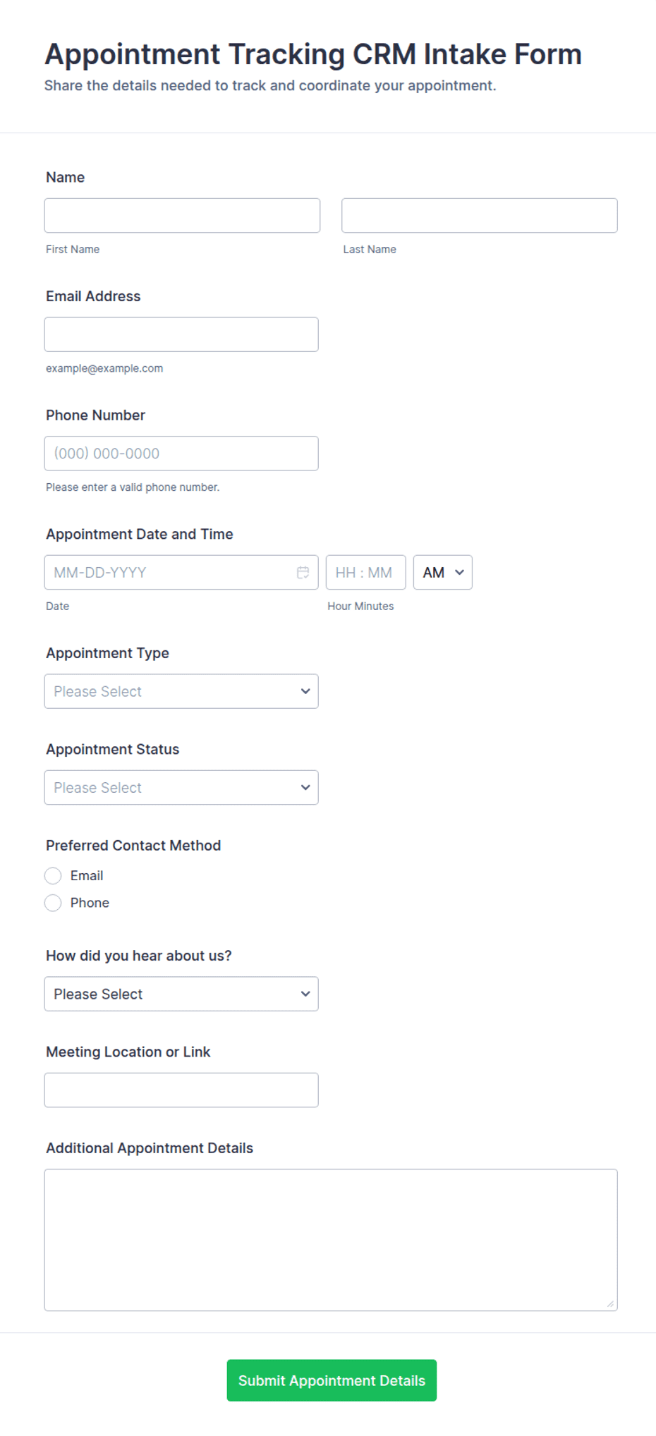 Appointment Tracking CRM Intake Form Template | Jotform