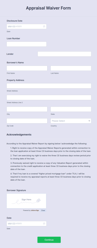Appraisal Waiver Form Template
