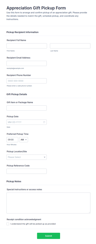 Appreciation Gift Pickup Form Template