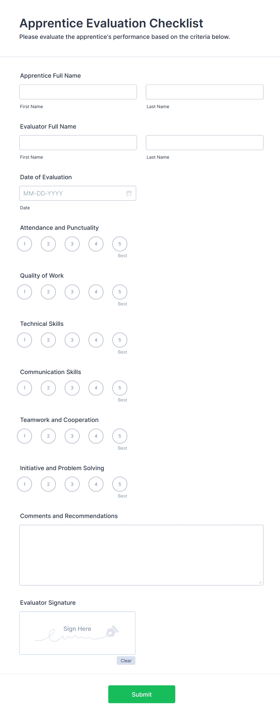 Apprentice Evaluation Checklist Form Template | Jotform