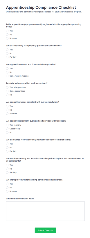 Apprenticeship Compliance Checklist Form Template