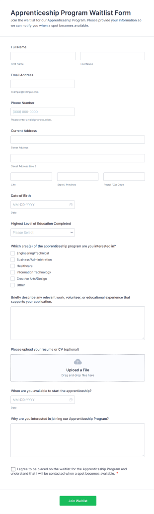 Apprenticeship Program Waitlist Form Template