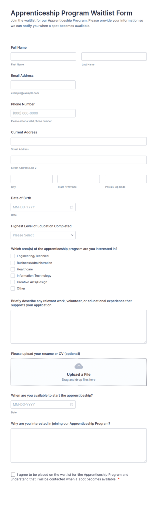 Apprenticeship Program Waitlist Form Template