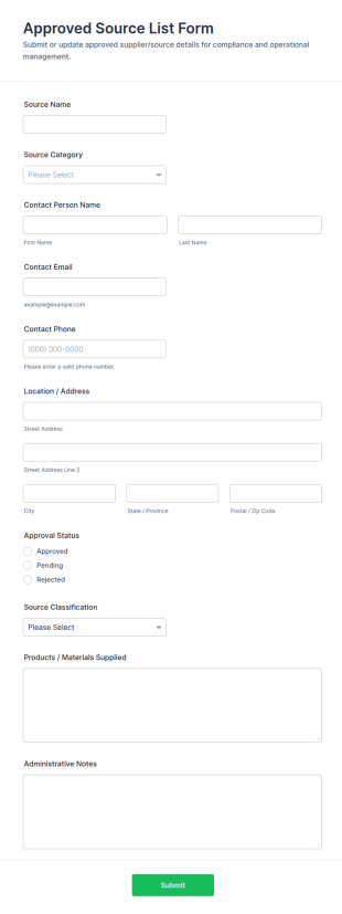 Approved Source List Form Template
