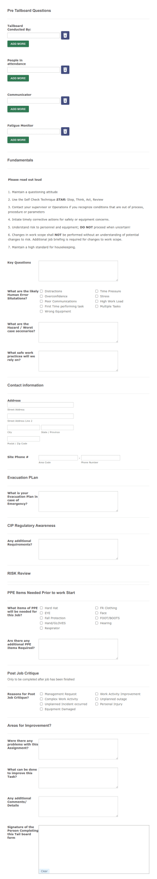 APS Infrastructure Tailboard Form Template