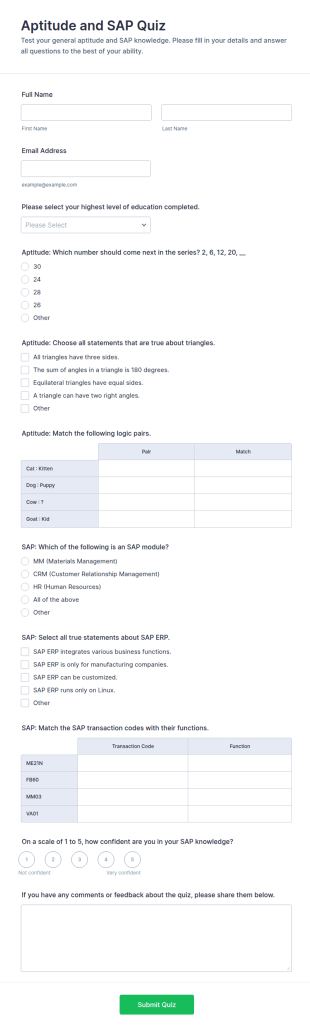 Aptitude And SAP Quiz Form Template