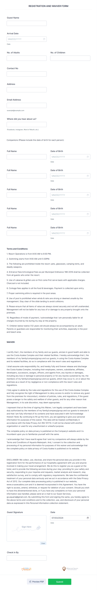 Aqua Registration And Waiver Form Template