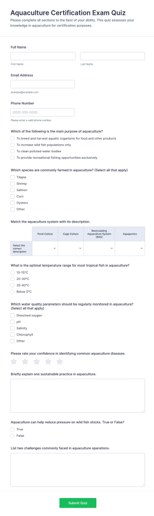 Aquaculture Certification Exam Quiz Form Template