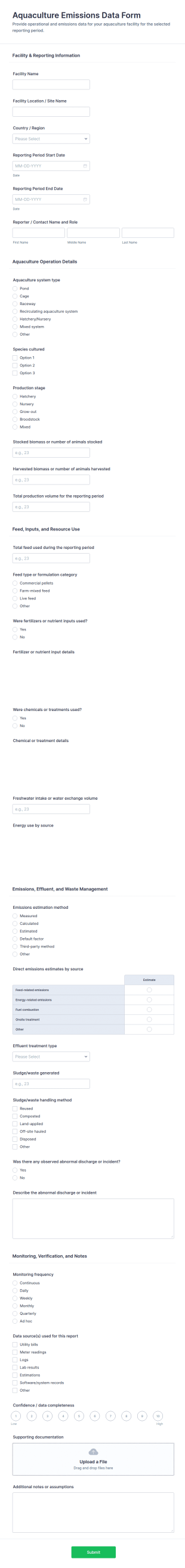Aquaculture Emissions Data Form Template