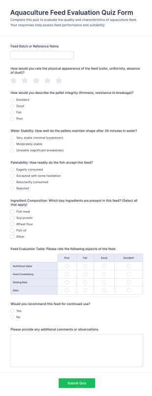 Aquaculture Feed Evaluation Quiz Form Template