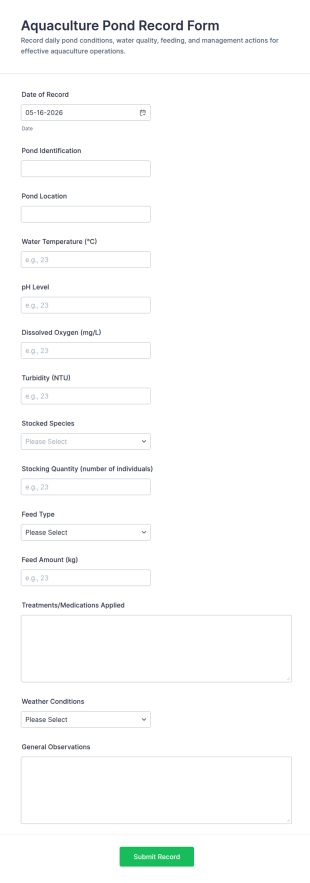 Aquaculture Pond Record Form Template