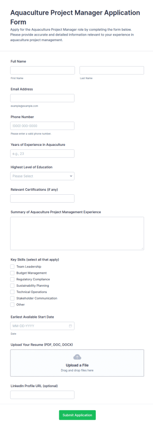Aquaculture Project Manager Application Form Template