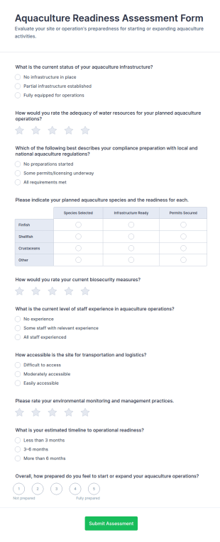 Aquaculture Readiness Assessment Form Template