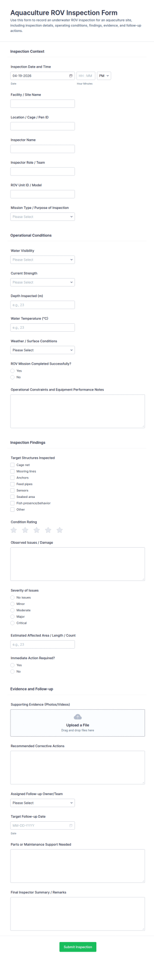 Aquaculture ROV Inspection Report Form Template