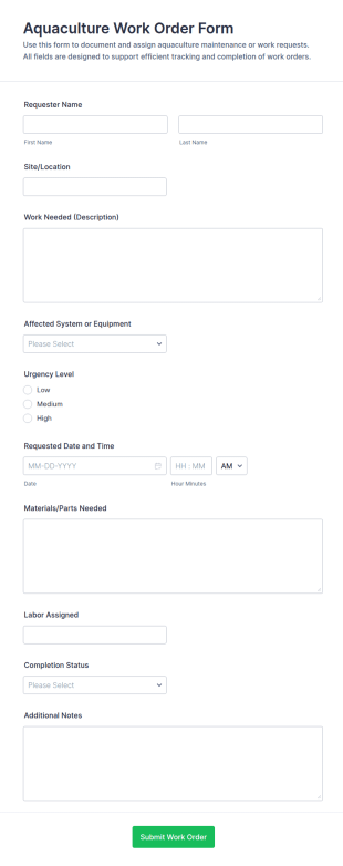 Aquaculture Work Order Form Template