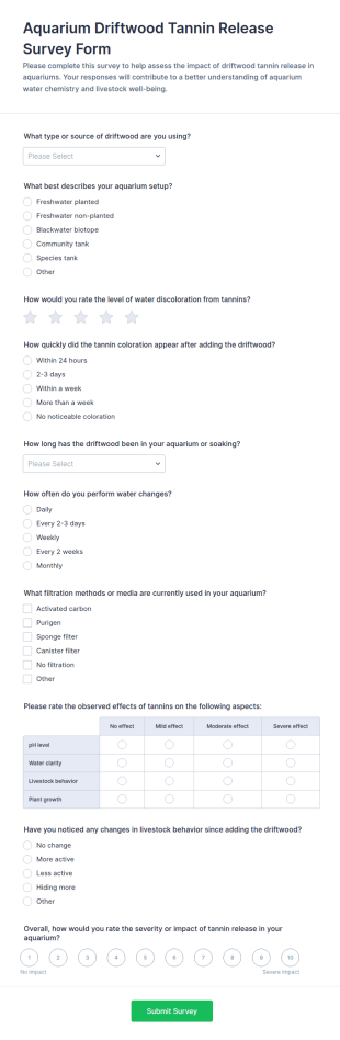 Aquarium Driftwood Tannin Release Survey Form Template