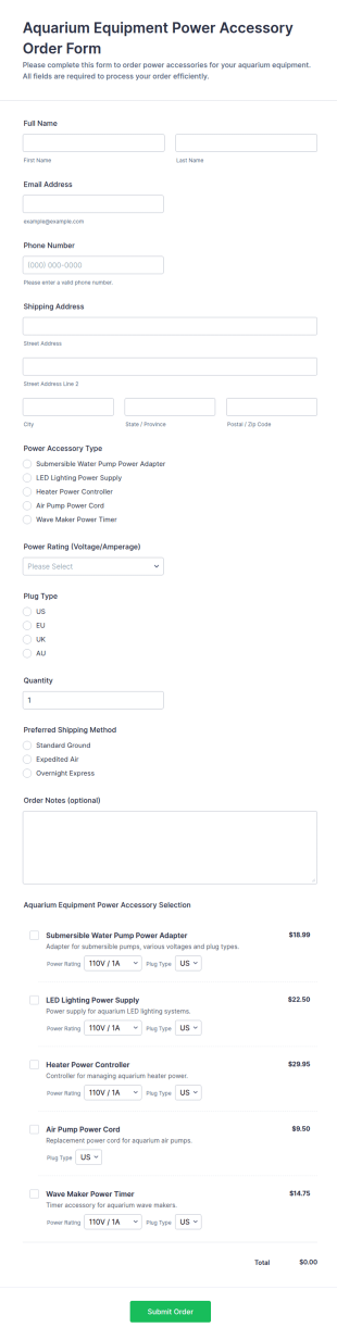 Aquarium Equipment Power Accessory Order Form Template