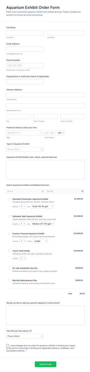 Aquarium Exhibit Order Form Template