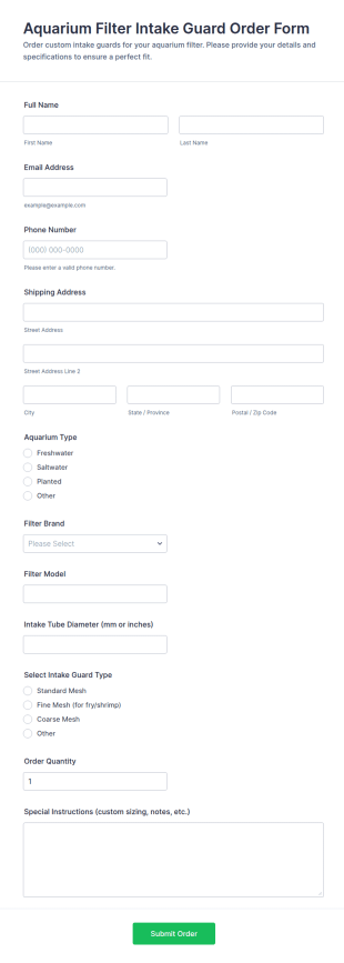 Aquarium Filter Intake Guard Order Form Template