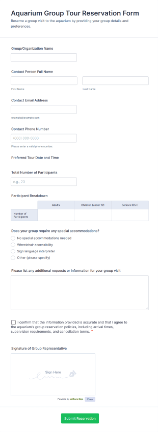Aquarium Group Tour Reservation Form Template