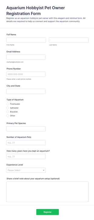 Aquarium Hobbyist Pet Owner Registration Form Template