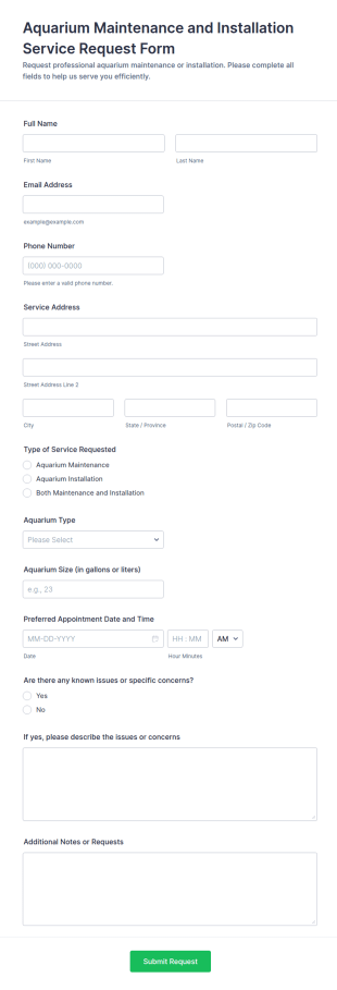 Aquarium Maintenance And Installation Service Request Form Template