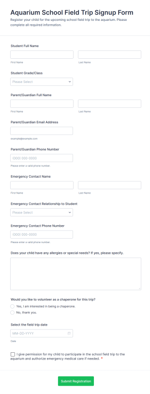 Aquarium School Field Trip Signup Form Template